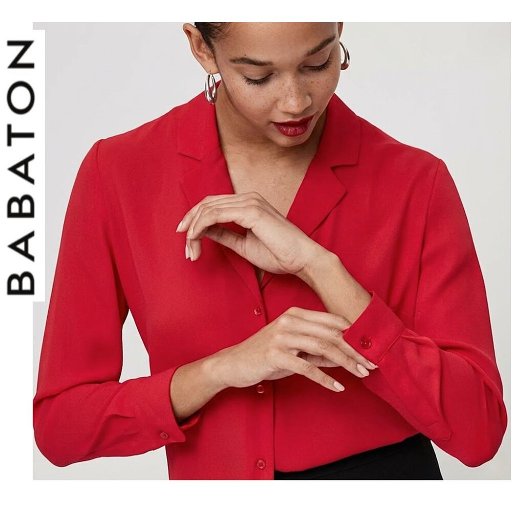 BABATON, Red long sleeve button down collared blouse